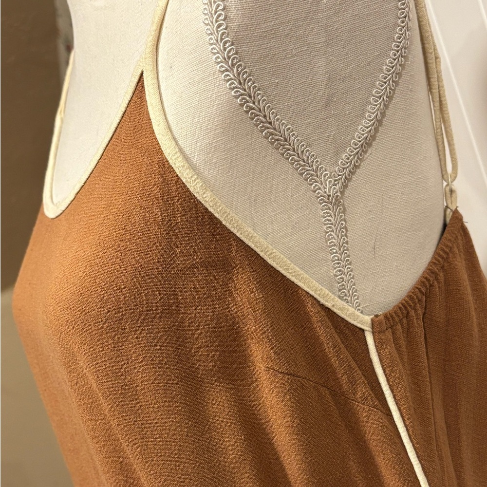 Brown Linen Blend Slip Dress Midi Minimalist Coastal Quiet Luxury Size M - Picture 7 of 11